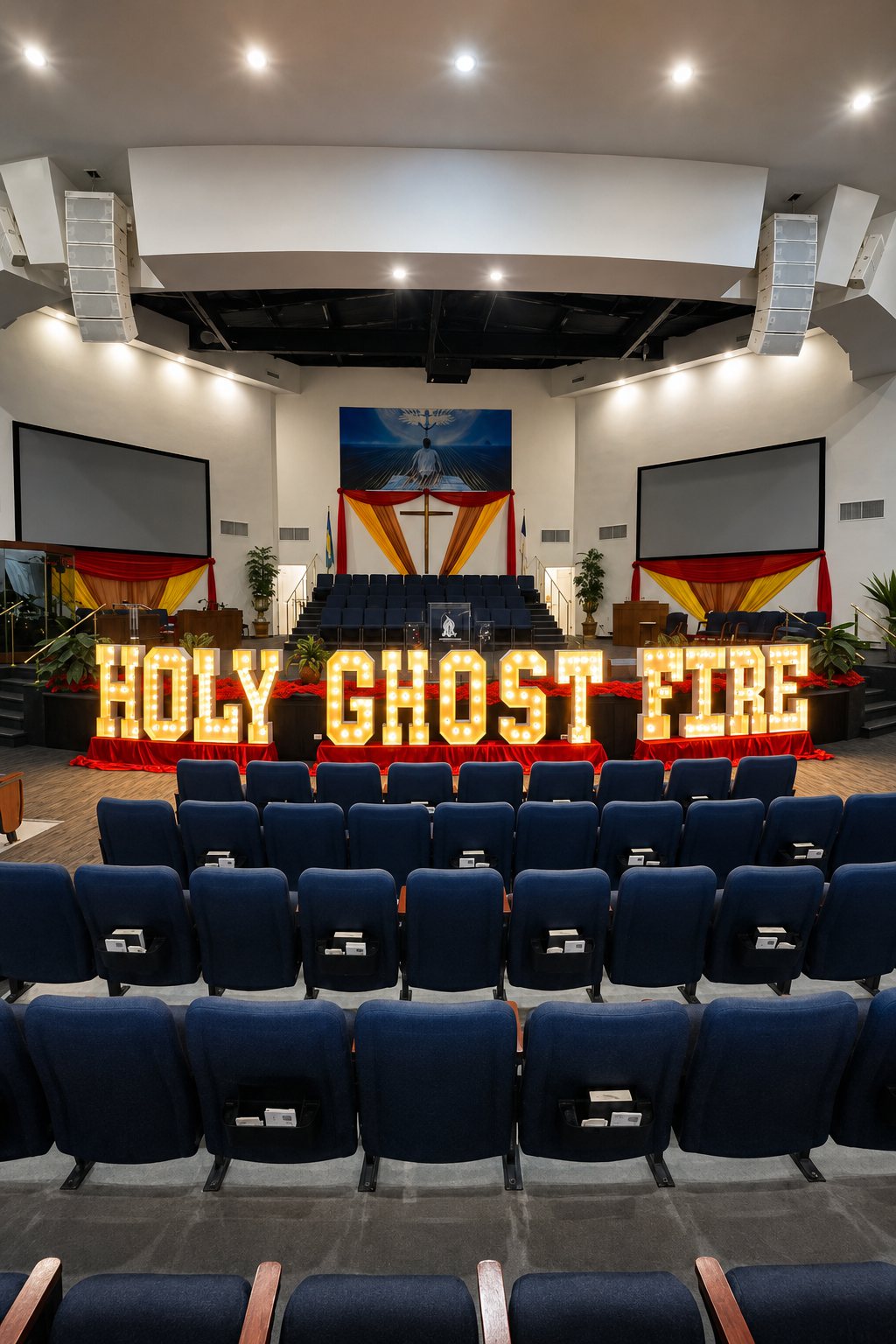 HOLY GHOST FIRE marquee letters lit up across a church sanctuary