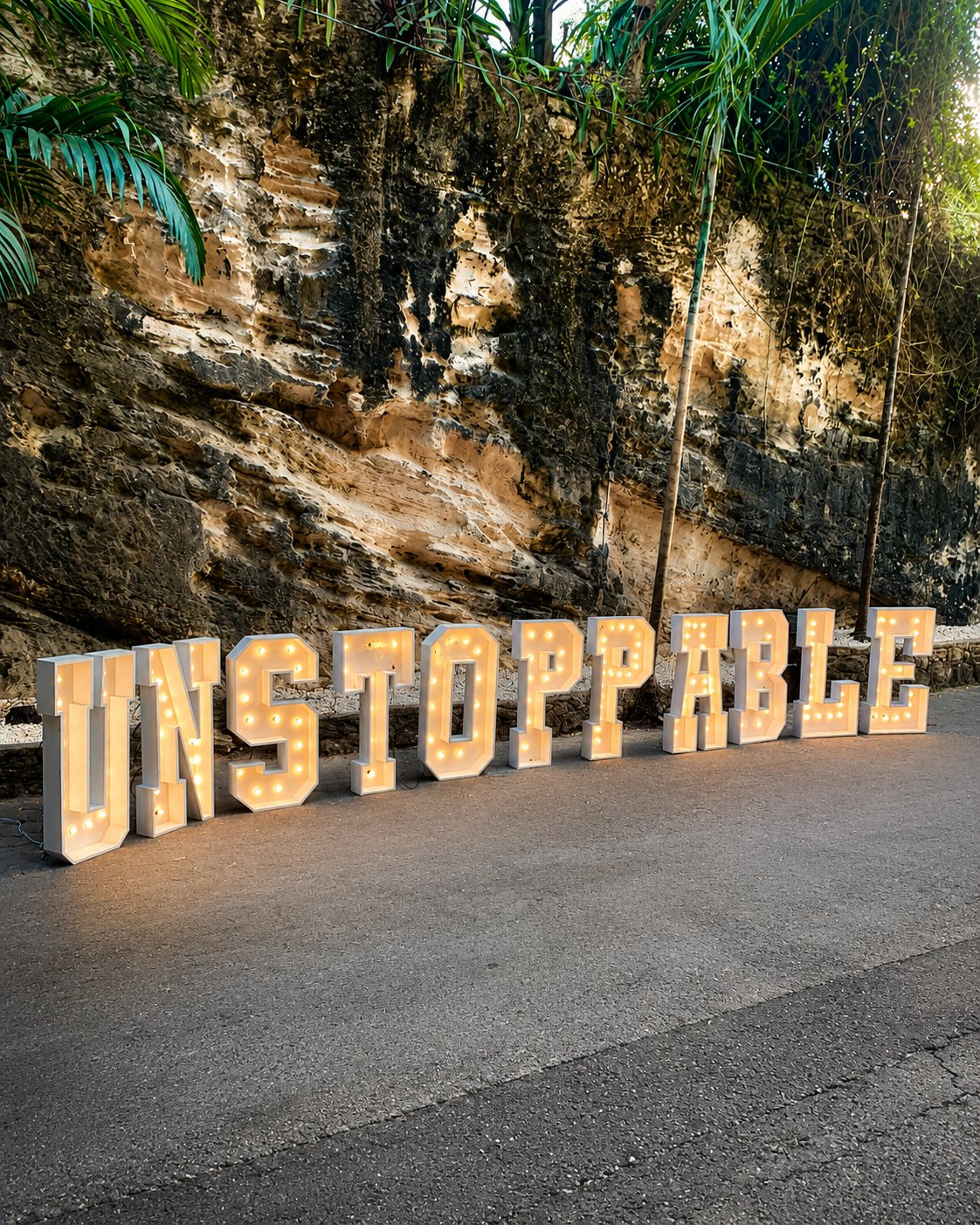 UNSTOPPABLE marquee letters against a Bahamian limestone cliff